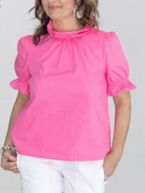 INC International Concepts Pink Ruffle Neck Puff Sleeve Blouse with Gold Button